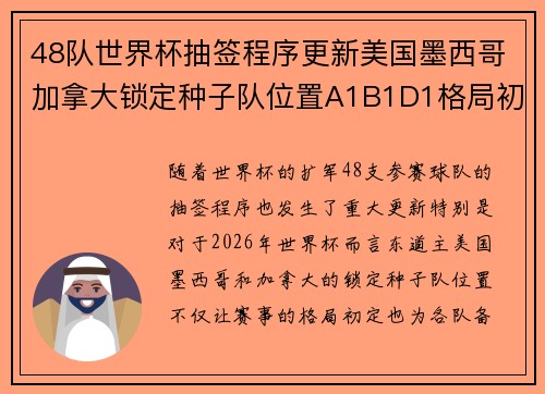 48队世界杯抽签程序更新美国墨西哥加拿大锁定种子队位置A1B1D1格局初定