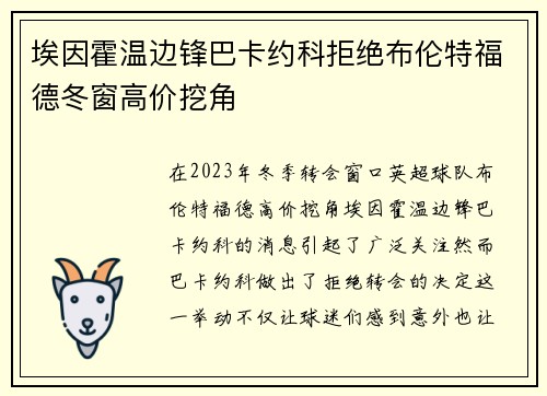 埃因霍温边锋巴卡约科拒绝布伦特福德冬窗高价挖角